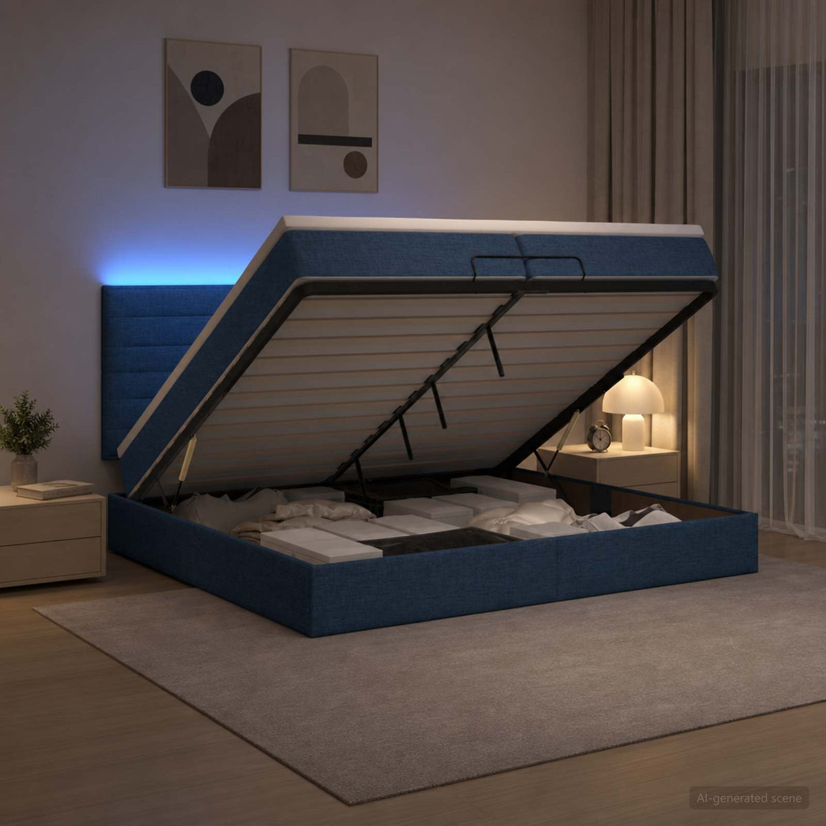 Ottoman seng med madras og LED Blå 200 x 200 cm Stof
