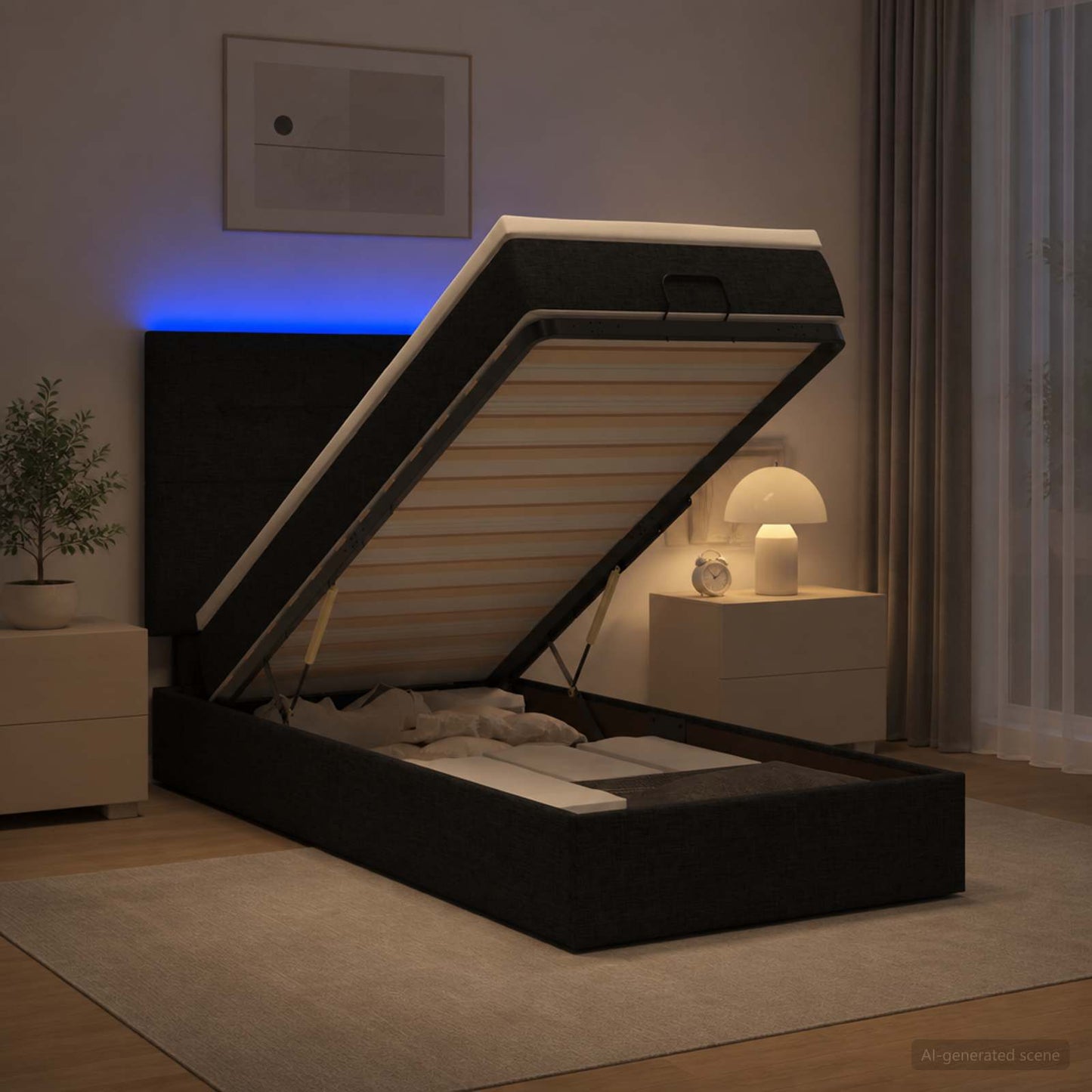 Ottoman seng med madras og LED Sort 100 x 200 cm Stof