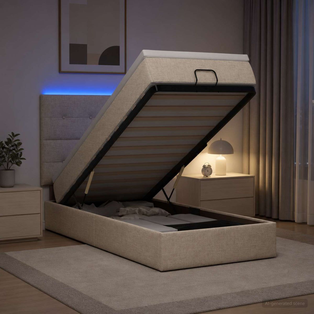 Ottoman seng med madras og LED Cremefarvet 90 x 190 cm Stof