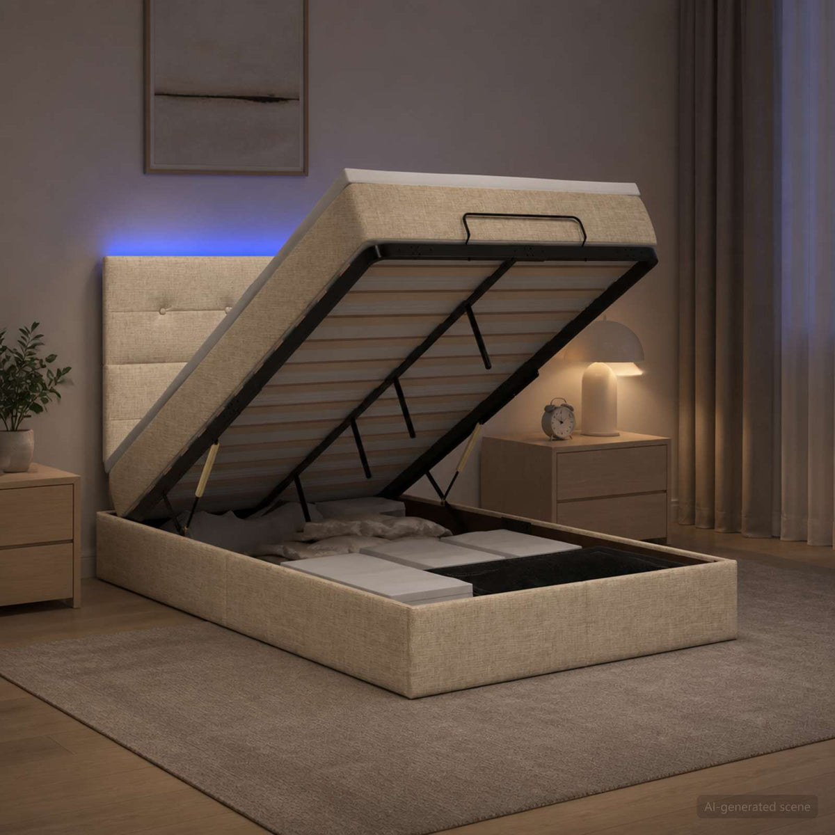Ottoman seng med madras og LED Cremefarvet 120 x 190 cm Stof