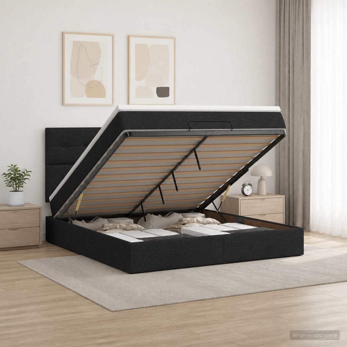 Ottoman seng med madras og LED Sort 140 x 200 cm Stof