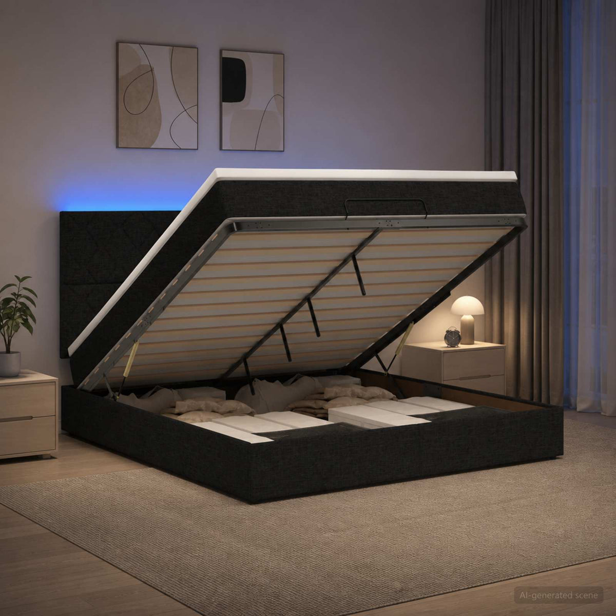 Ottoman seng med madras og LED Sort 160 x 200 cm Stof