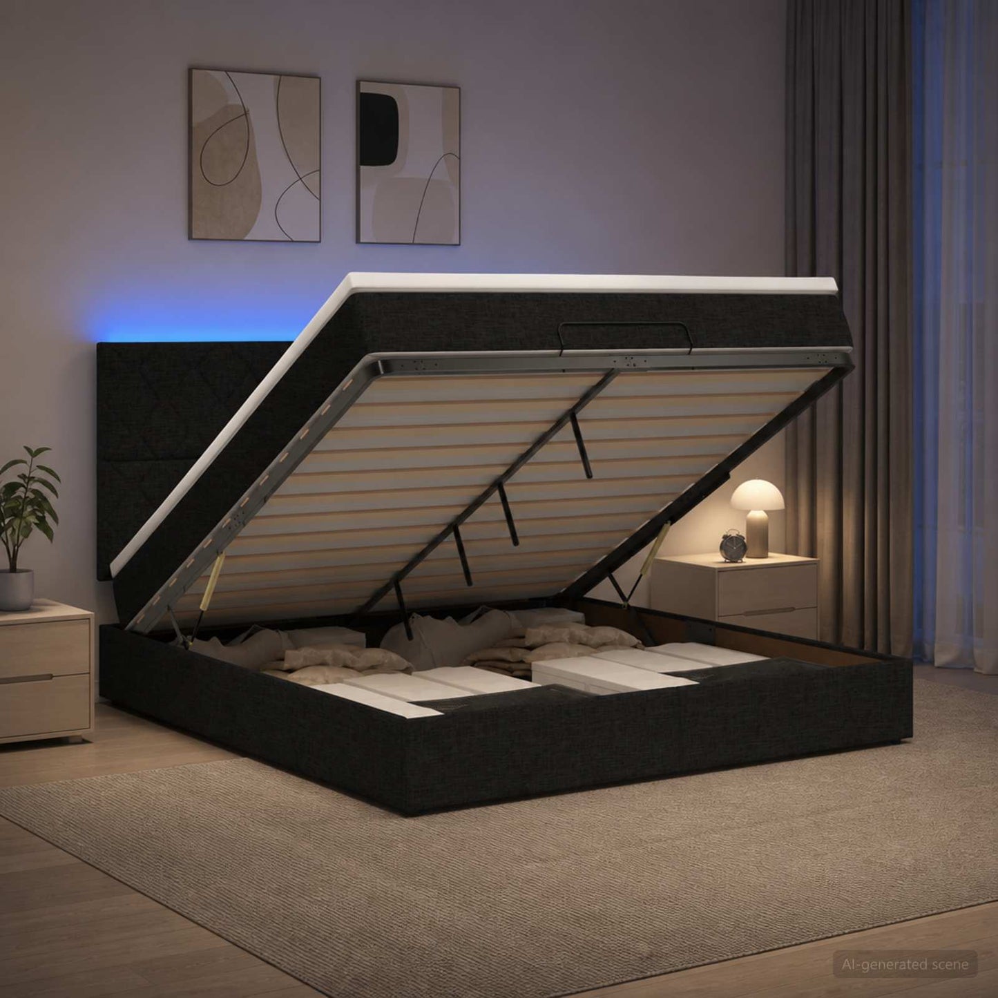 Ottoman seng med madras og LED Sort 180 x 200 cm Stof