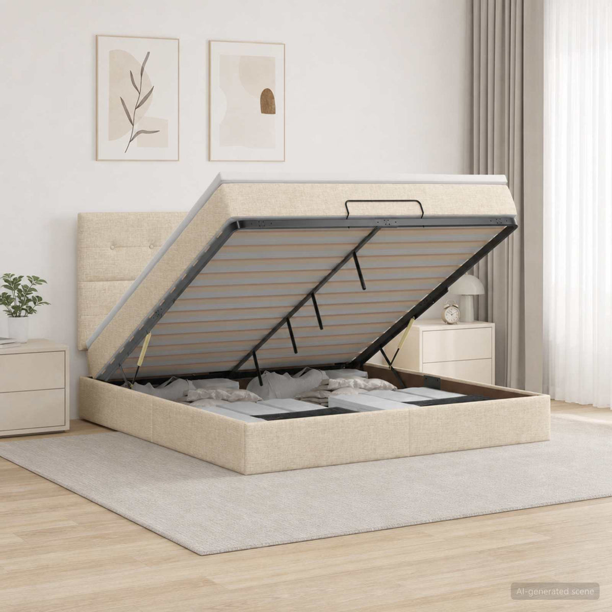 Ottoman seng med madras og LED Cremefarvet 140 x 190 cm Stof