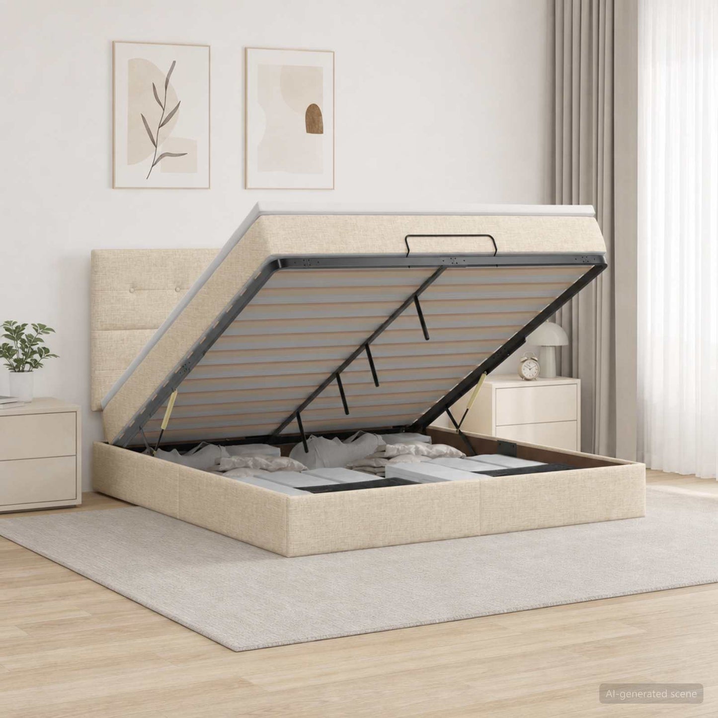 Ottoman seng med madras og LED Cremefarvet 140 x 200 cm Stof
