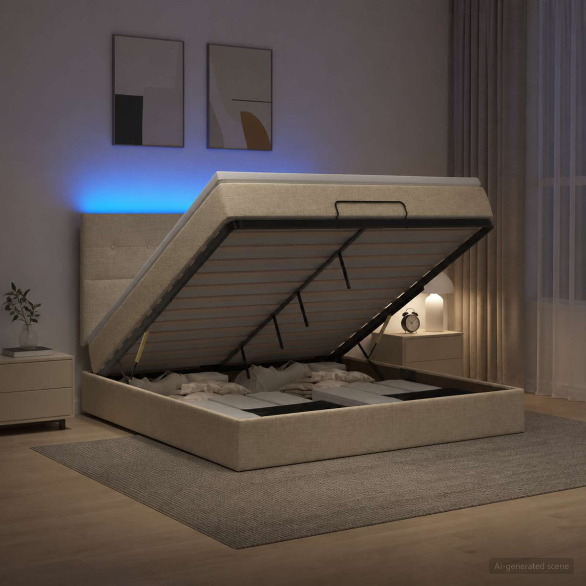Ottoman seng med madras og LED Cremefarvet 140 x 200 cm Stof