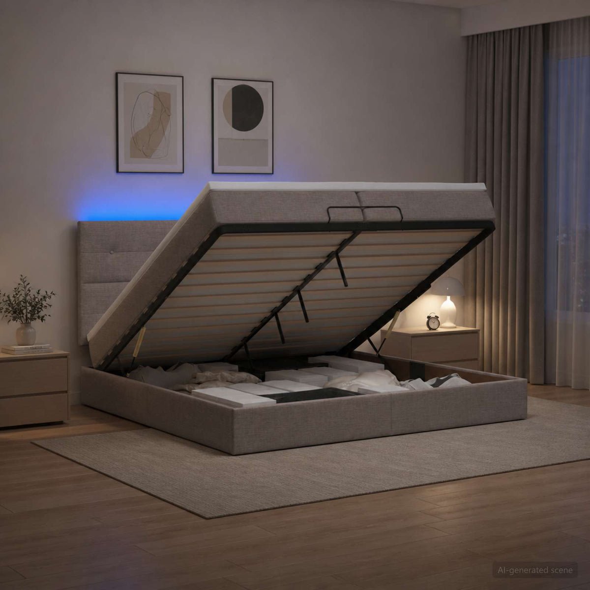 Ottoman seng med madras og LED Gråbrun 200 x 200 cm Stof