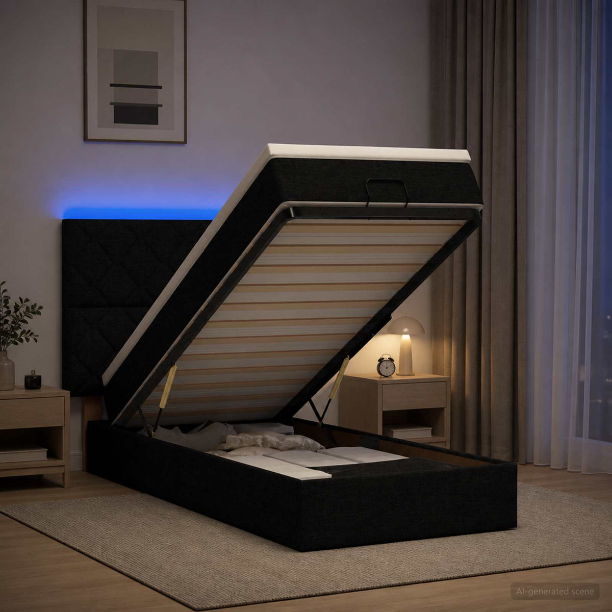 Ottoman seng med madras og LED Sort 90 x 190 cm Stof