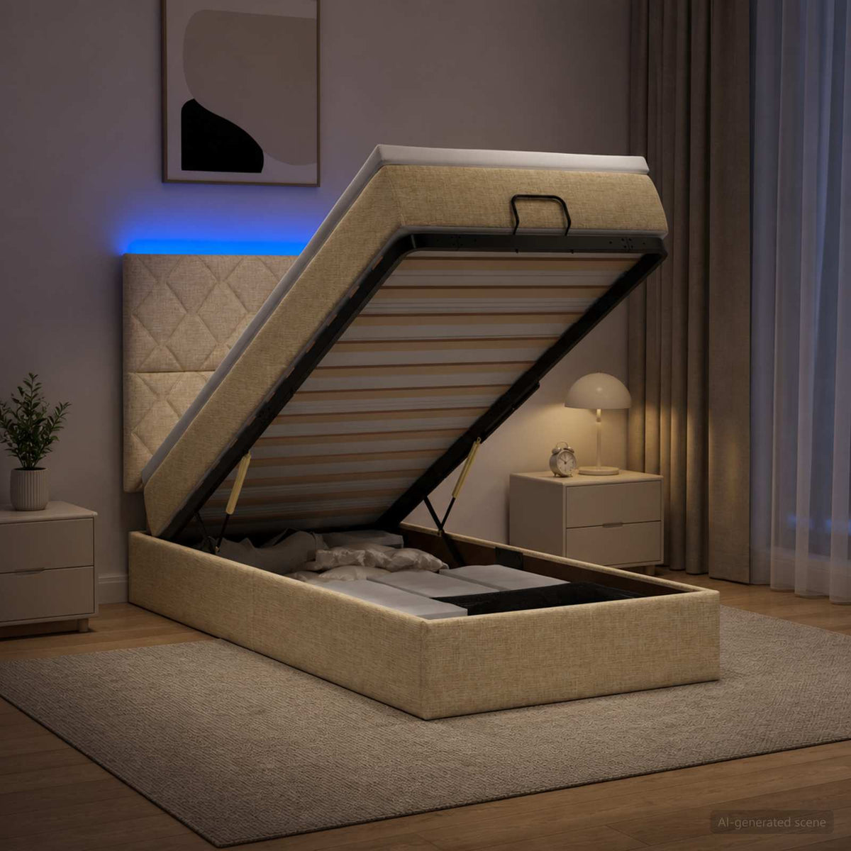 Ottoman seng med madras og LED Cremefarvet 90 x 190 cm Stof