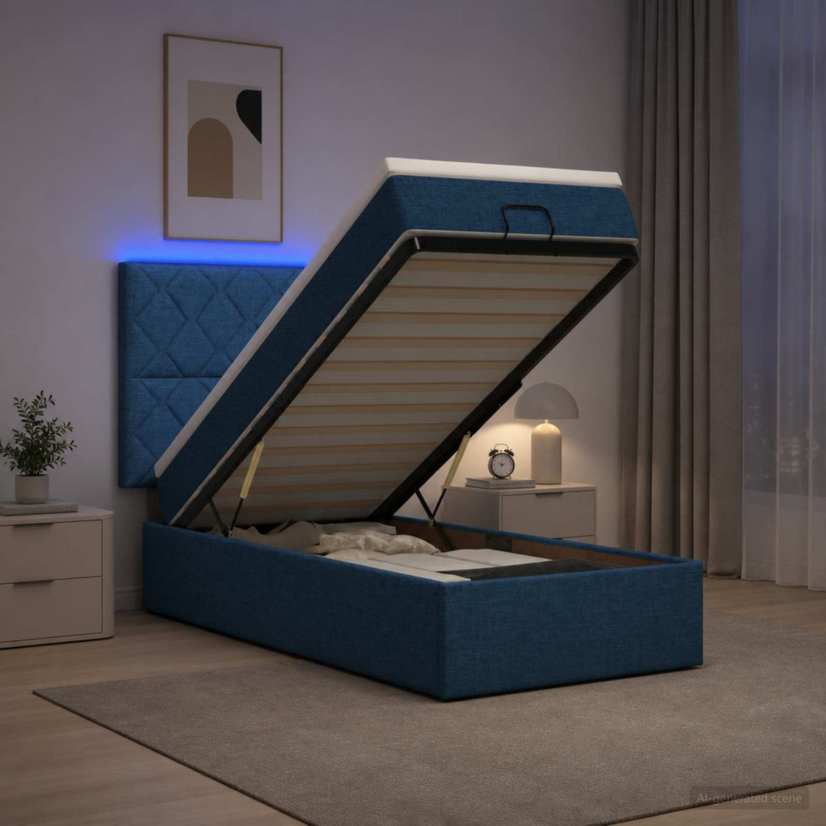 Ottoman seng med madras og LED Blå 90 x 190 cm Stof