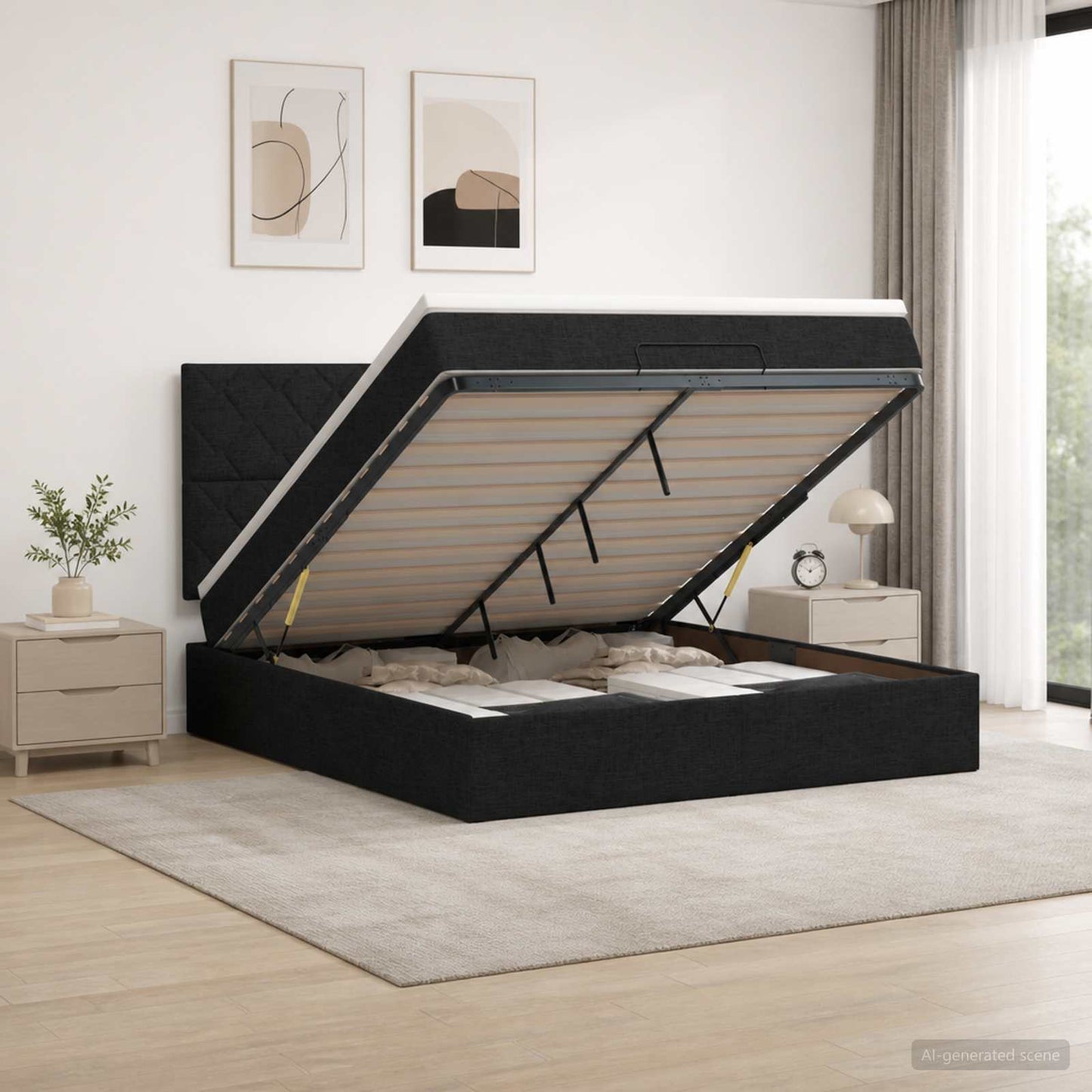 Ottoman seng med madras og LED Sort 160 x 200 cm Stof
