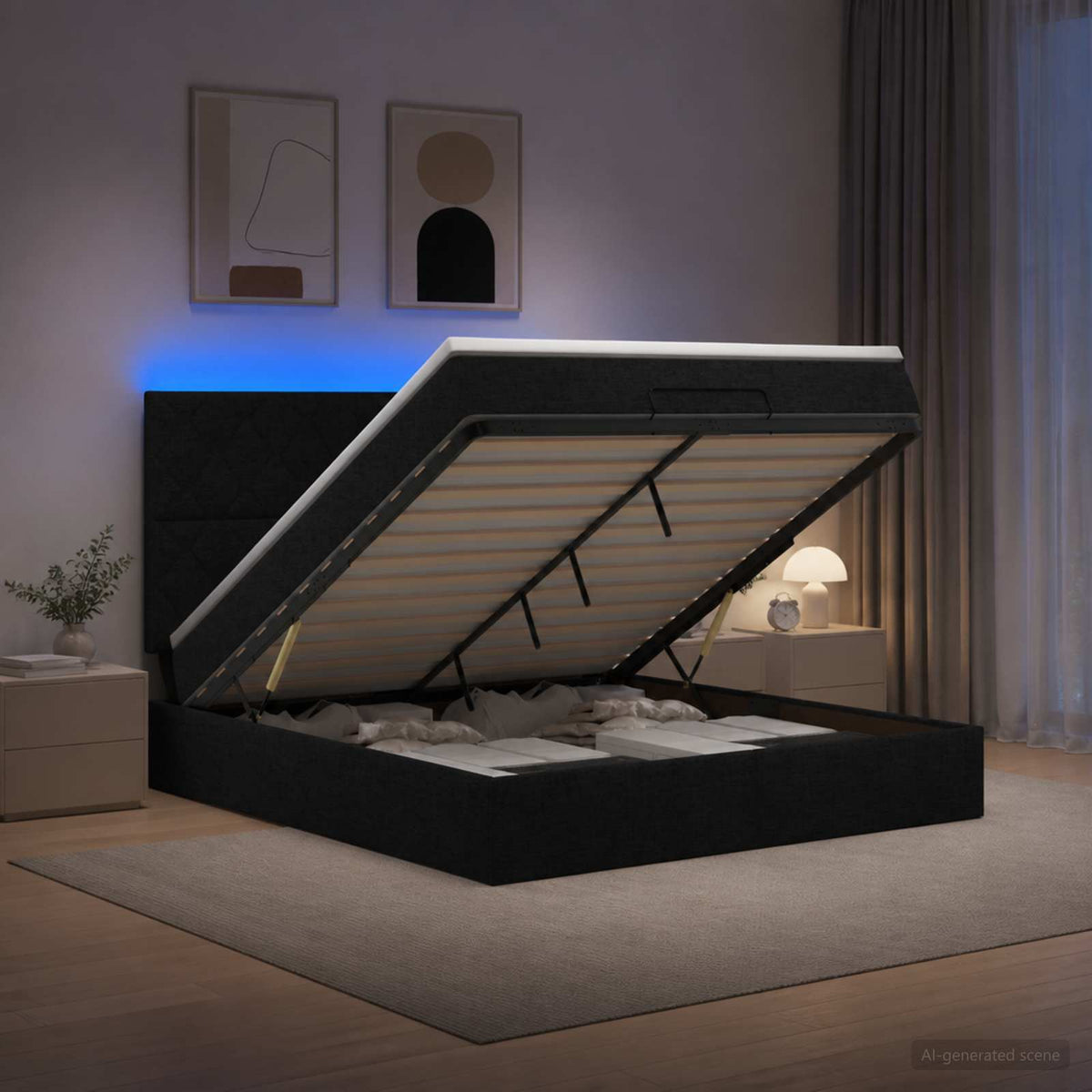 Ottoman seng med madras og LED Sort 180 x 200 cm Stof