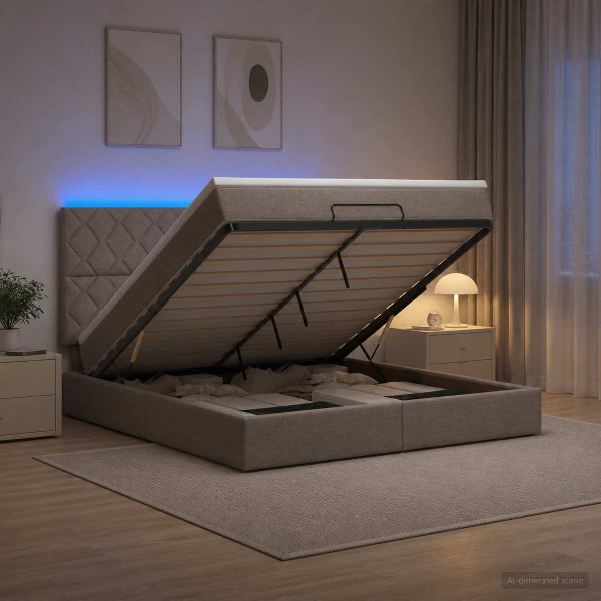 Ottoman seng med madras og LED Gråbrun 140 x 200 cm Stof