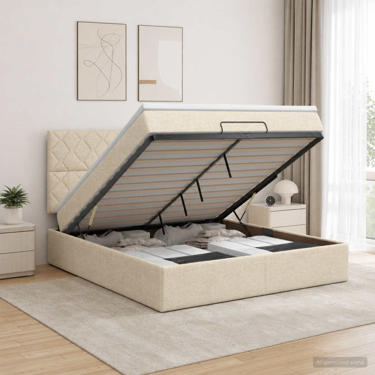 Ottoman seng med madras og LED Cremefarvet 180 x 200 cm Stof