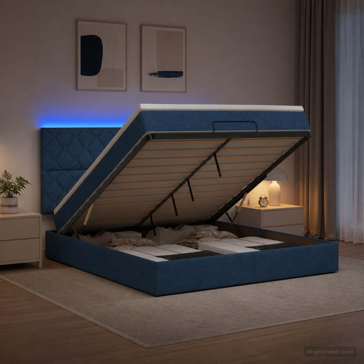 Ottoman seng med madras og LED Blå 180 x 200 cm Stof