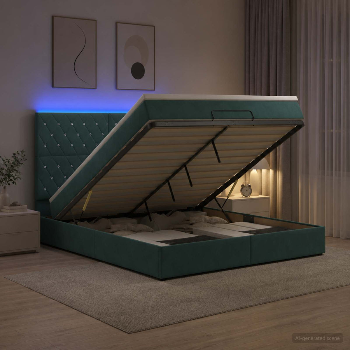Ottoman seng med madras og LED Mørkegrøn 180 x 200 cm Fløjl