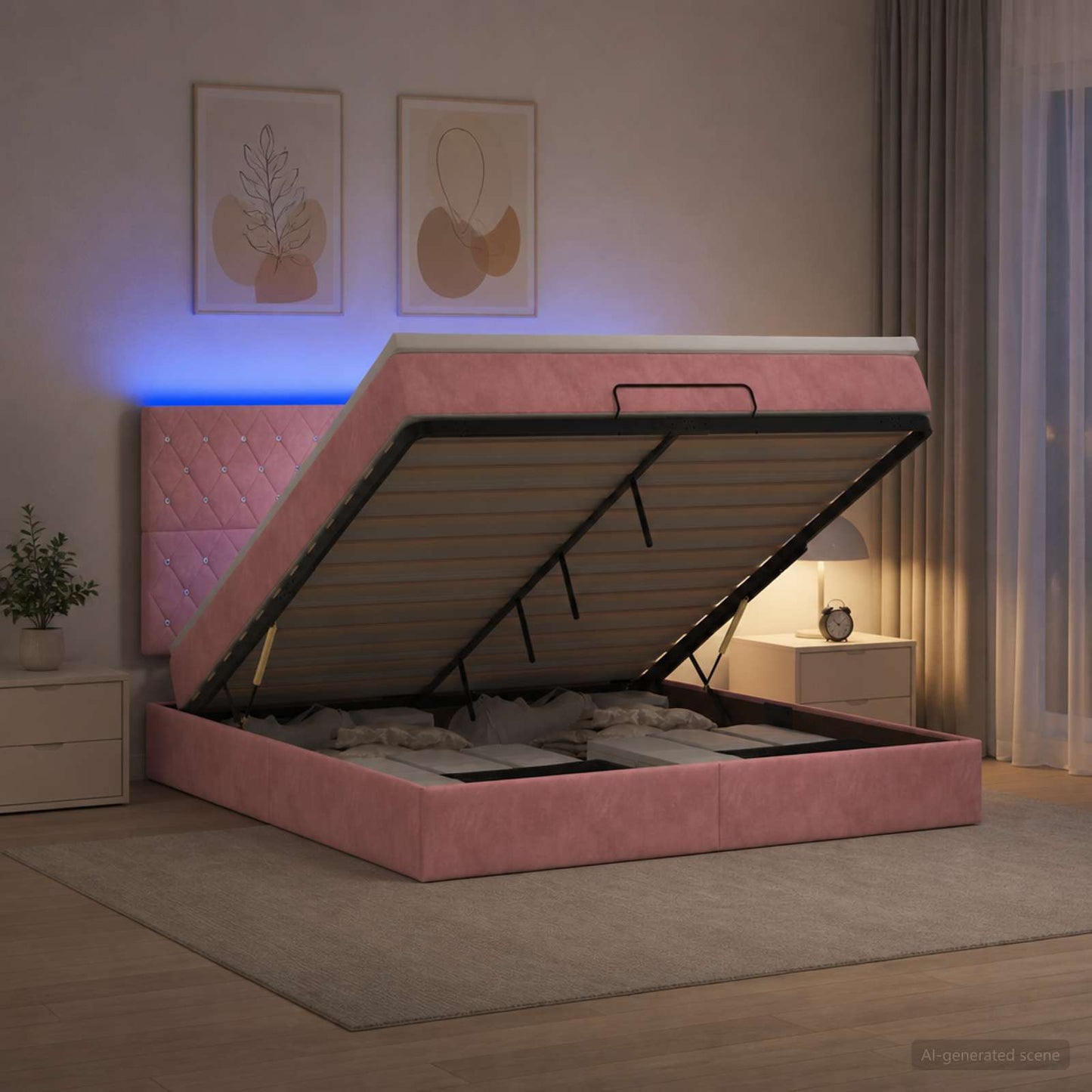 Ottoman seng med madras og LED Lyserød 140 x 190 cm Fløjl