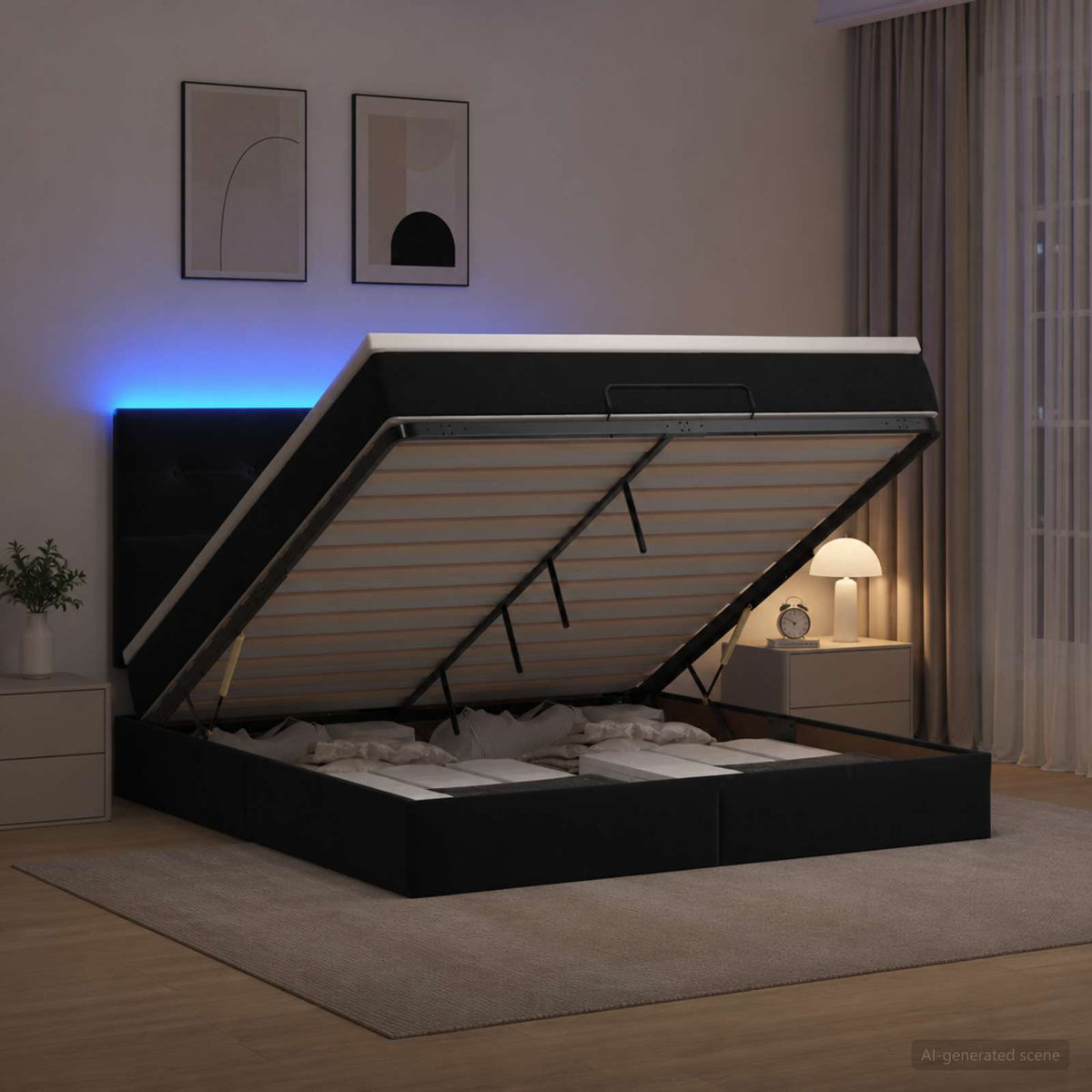 Ottoman seng med madras og LED Sort 180 x 200 cm Fløjl