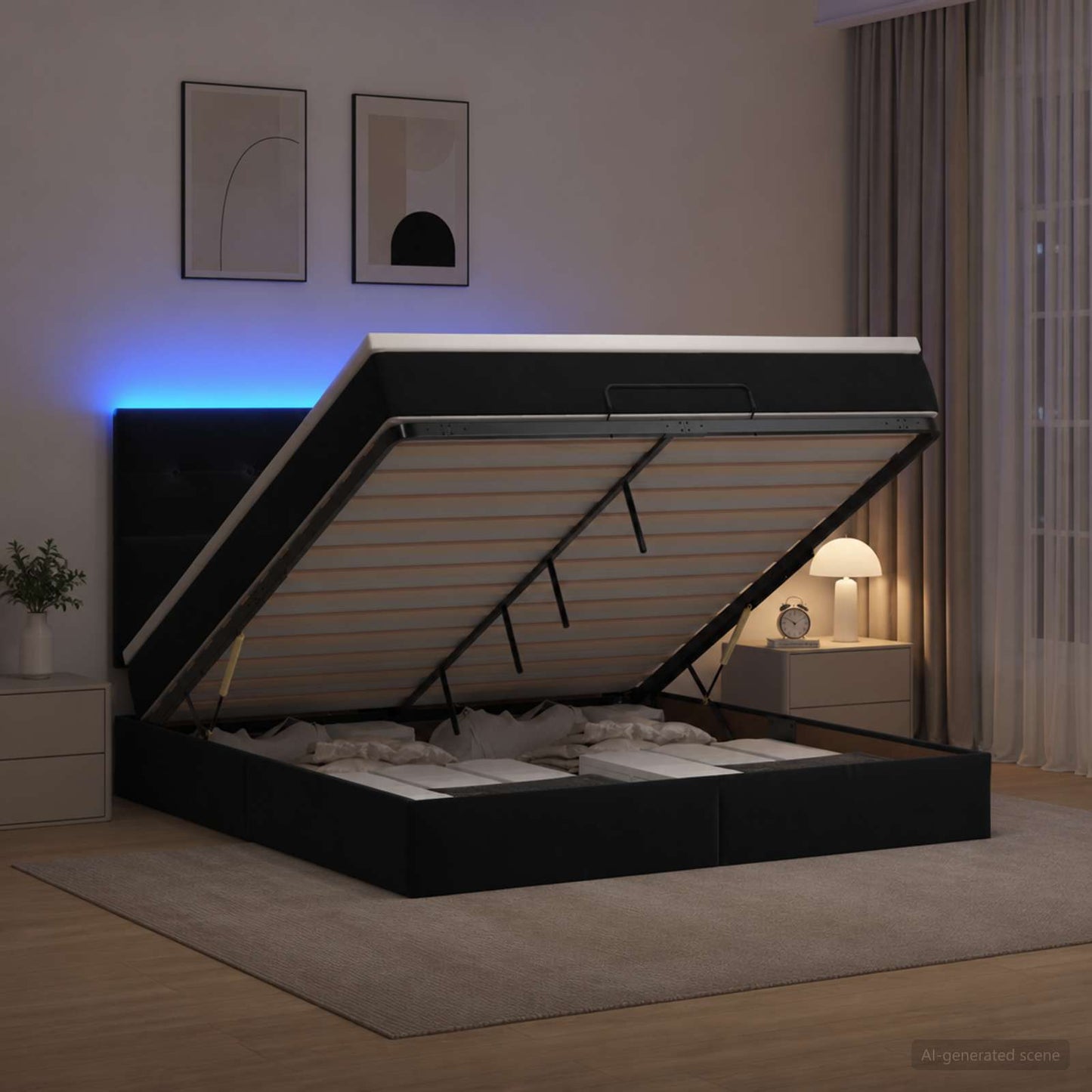 Ottoman seng med madras og LED Sort 140 x 200 cm Fløjl
