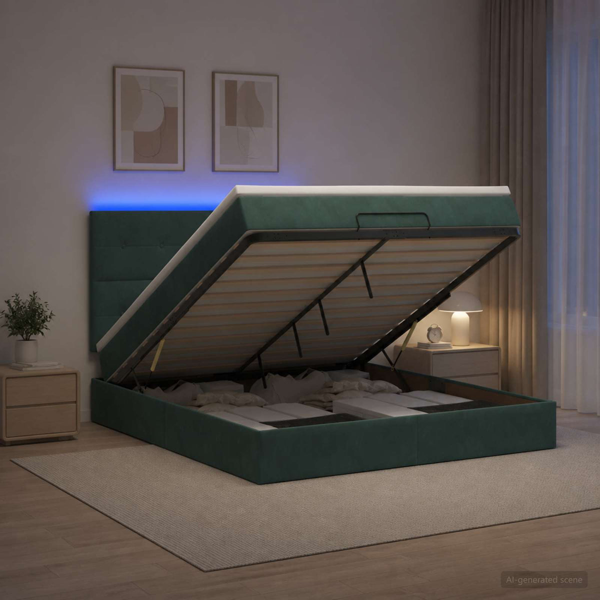 Ottoman seng med madras og LED Mørkegrøn 140 x 190 cm Fløjl