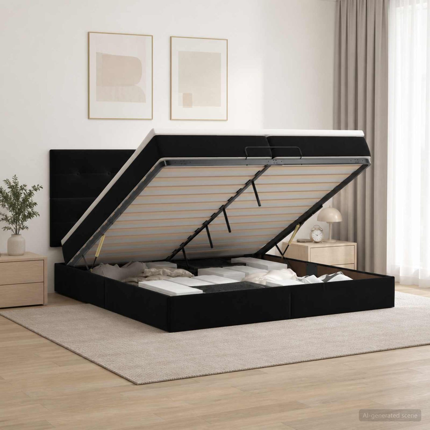 Ottoman seng med madras og LED Sort 200 x 200 cm Fløjl