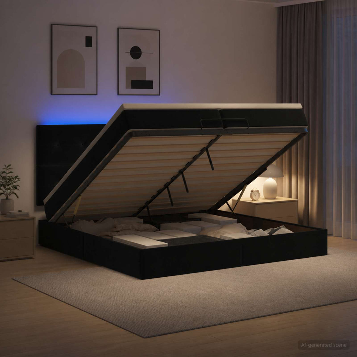 Ottoman seng med madras og LED Sort 200 x 200 cm Fløjl
