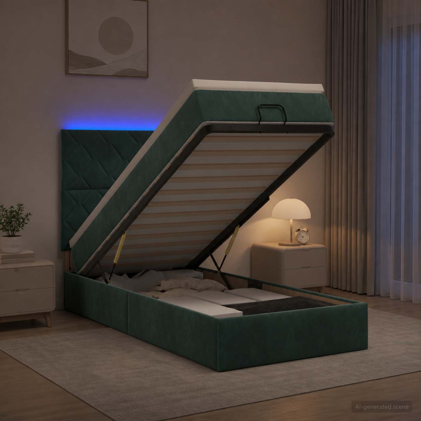 Ottoman seng med madras og LED Mørkegrøn 80 x 200 cm Fløjl