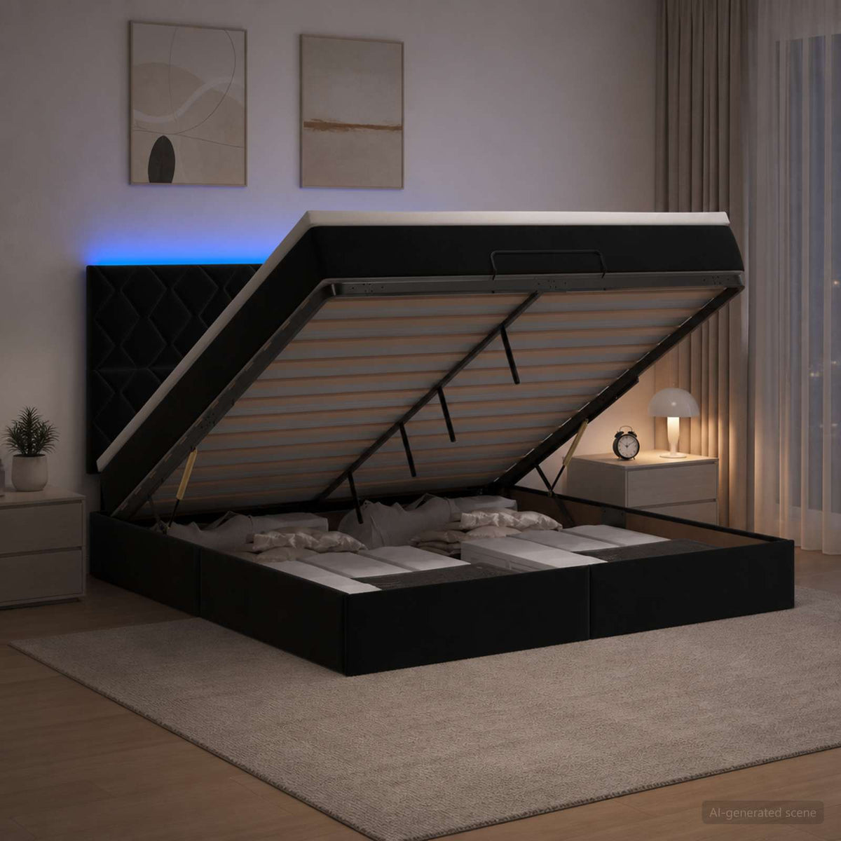Ottoman seng med madras og LED Sort 180 x 200 cm Fløjl