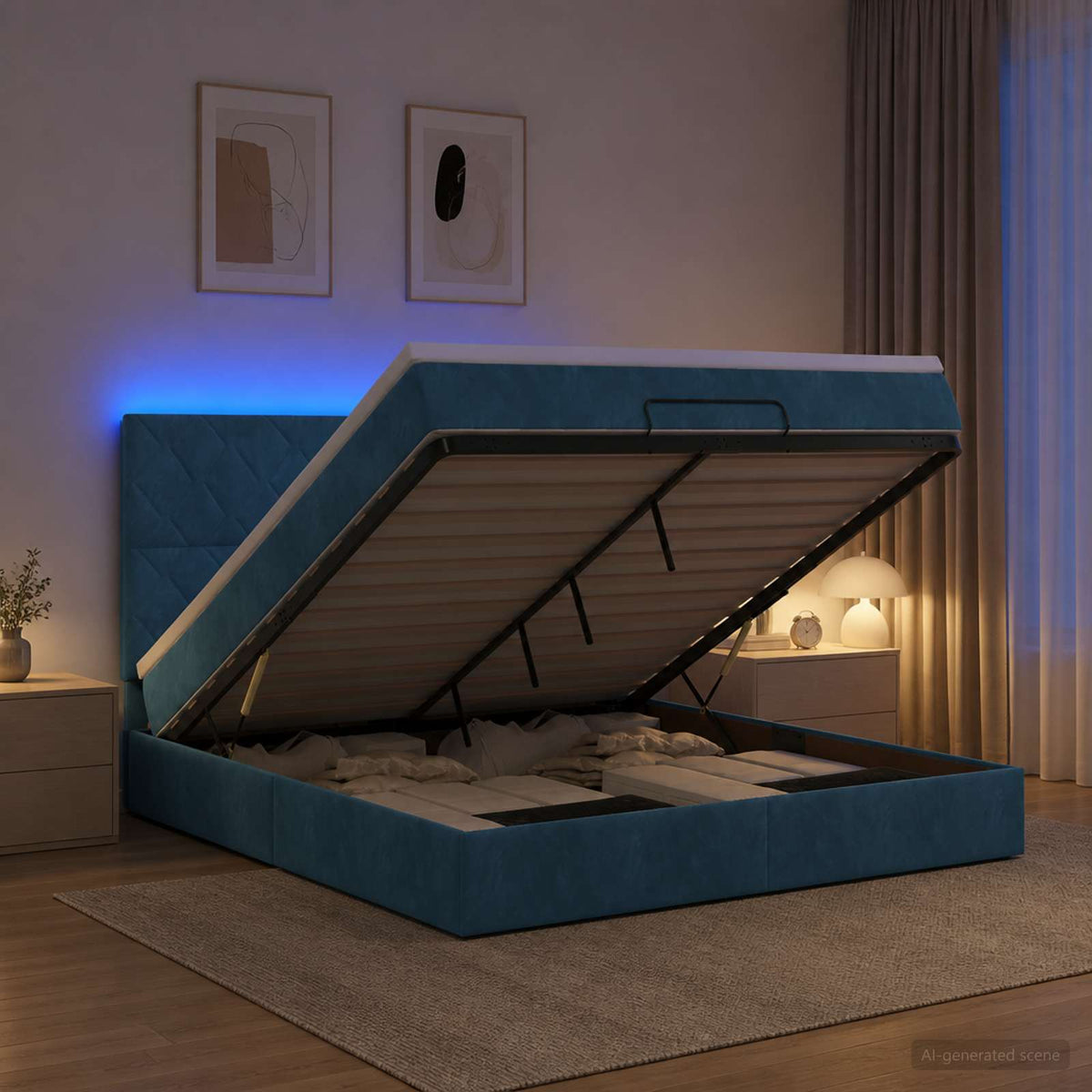 Ottoman seng med madras og LED Mørkeblå 140 x 190 cm Fløjl