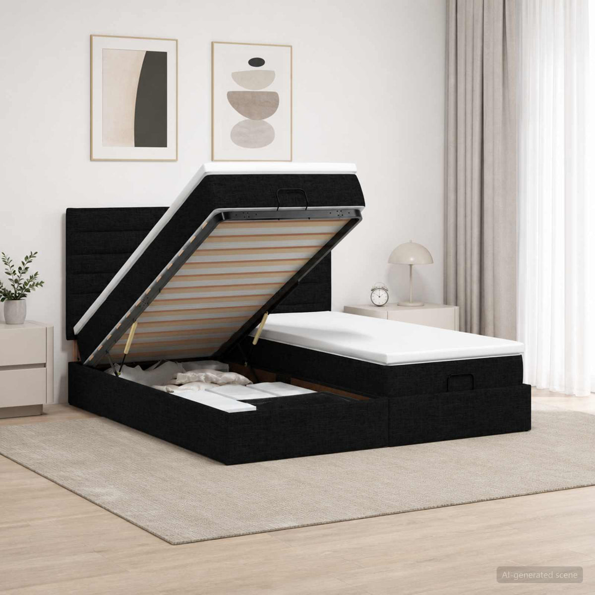 Ottoman seng med madras og LED Sort 200 x 200 cm Stof