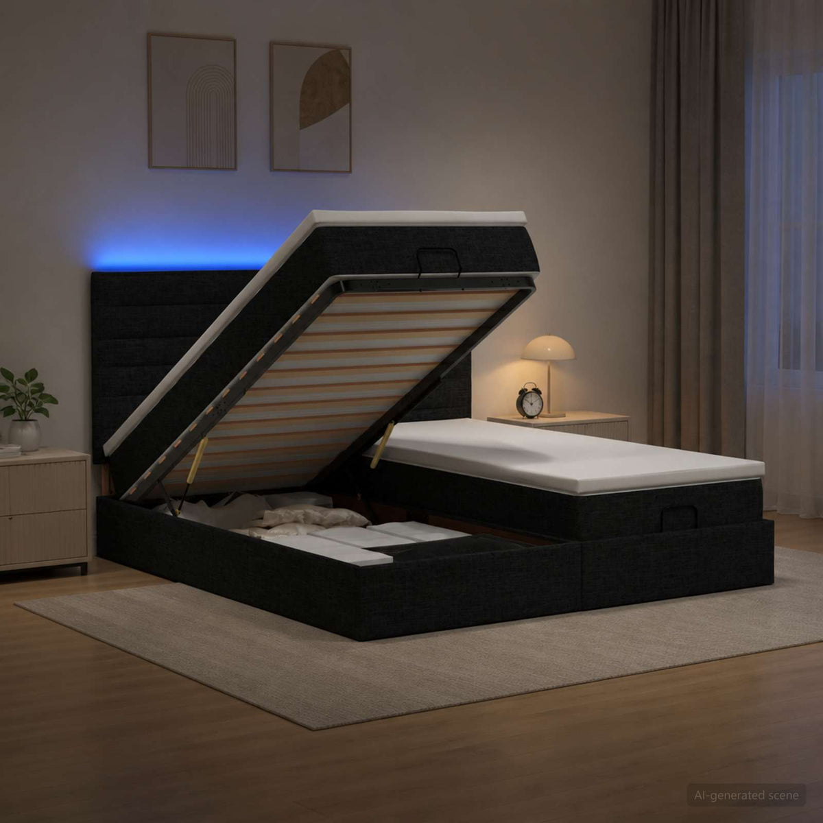 Ottoman seng med madras og LED Sort 200 x 200 cm Stof