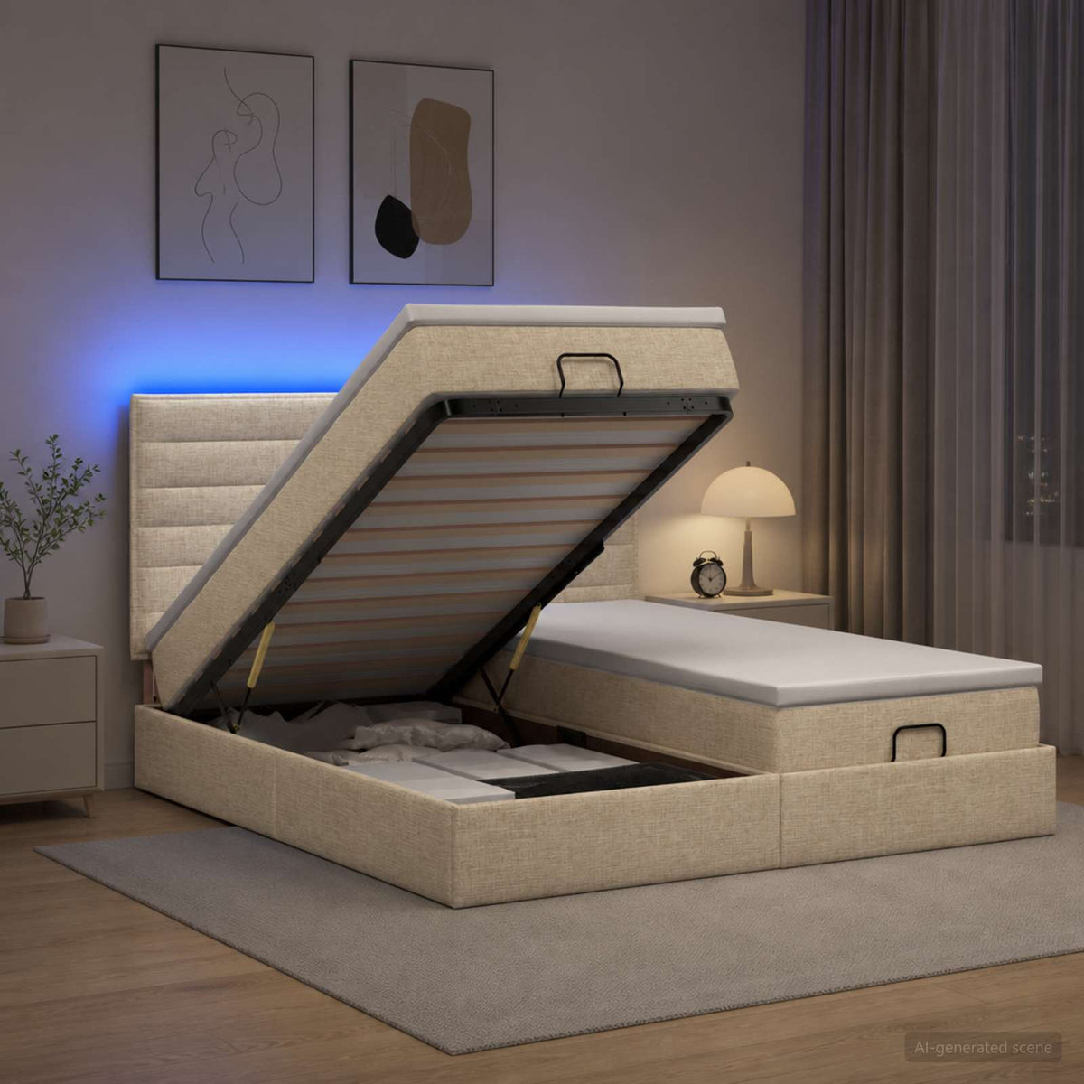Ottoman seng med madras og LED Cremefarvet 200 x 200 cm Stof