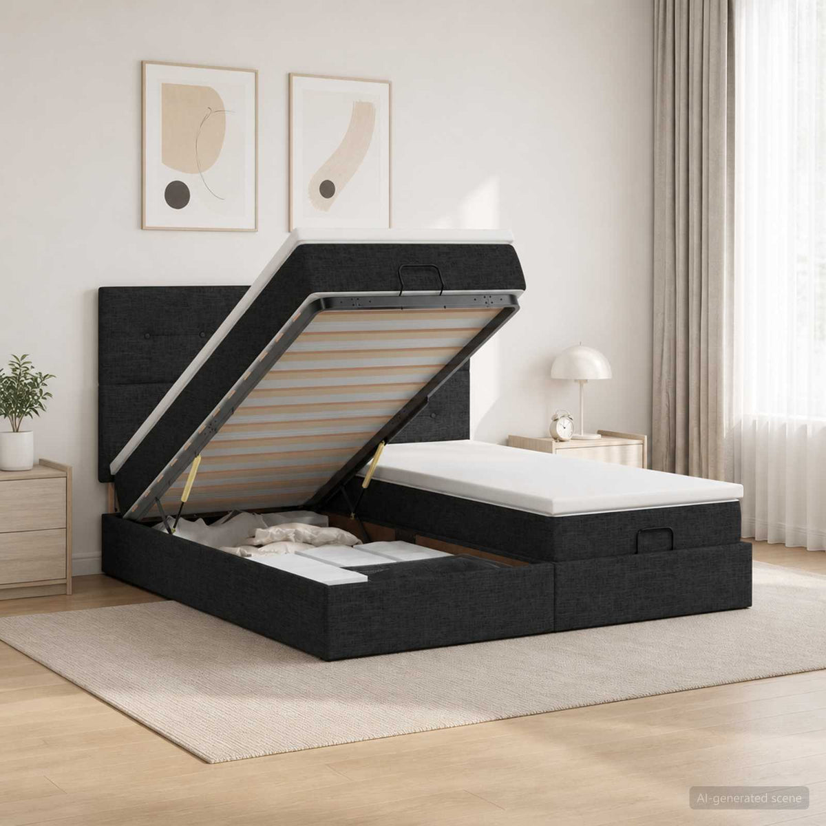 Ottoman seng med madras og LED Sort 180 x 200 cm Stof