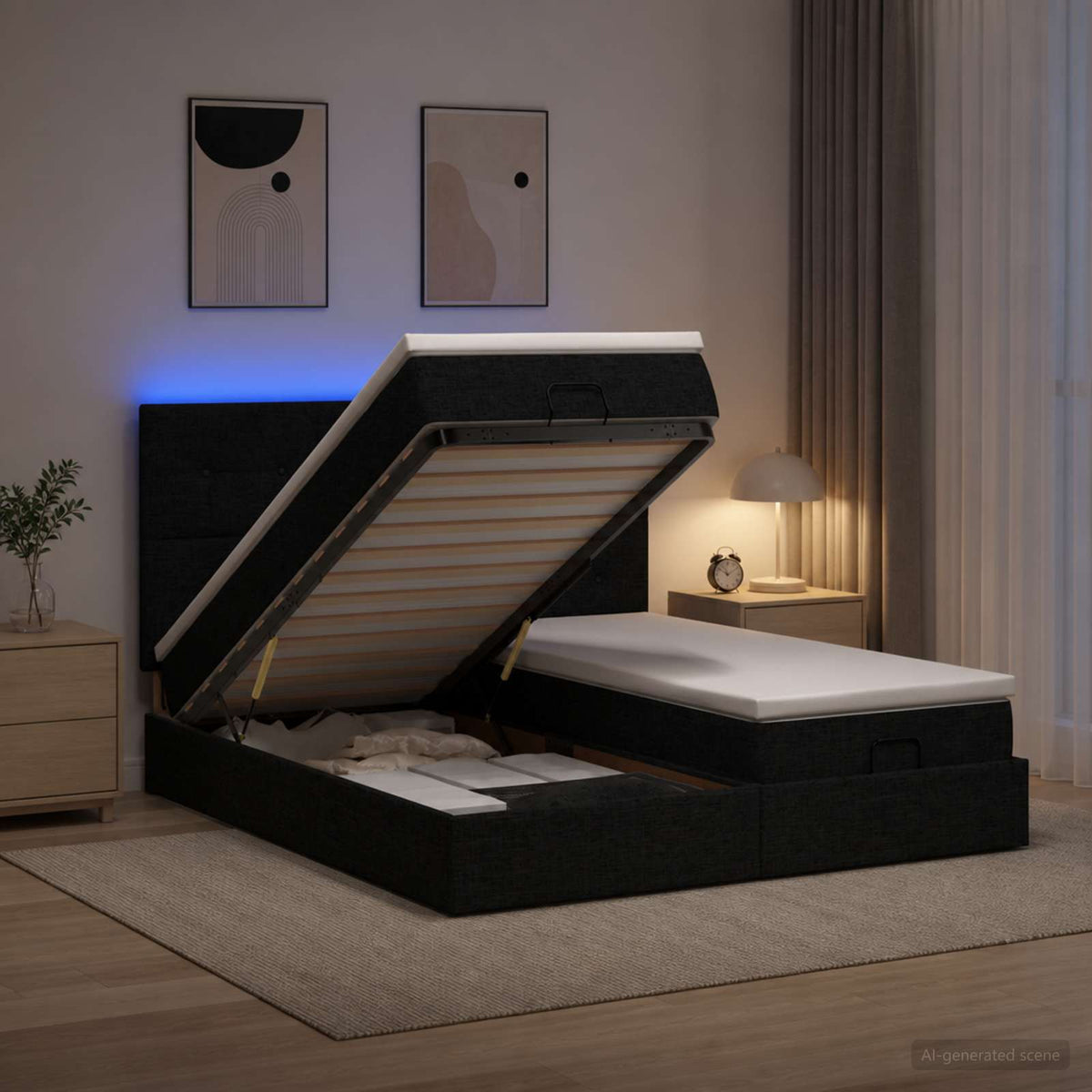 Ottoman seng med madras og LED Sort 200 x 200 cm Stof