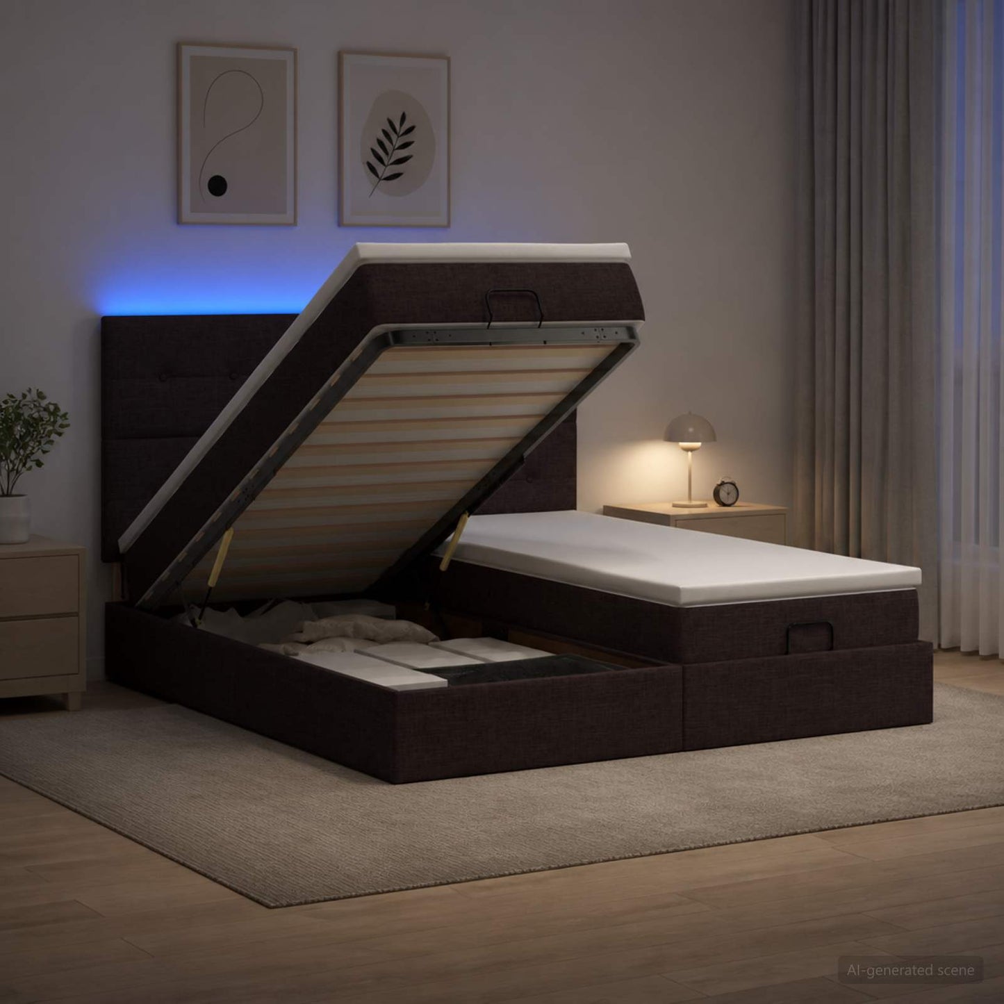Ottoman seng med madras og LED Mørk Brun 200 x 200 cm Stof