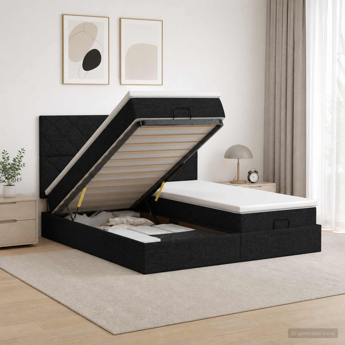 Ottoman seng med madras og LED Sort 200 x 200 cm Stof