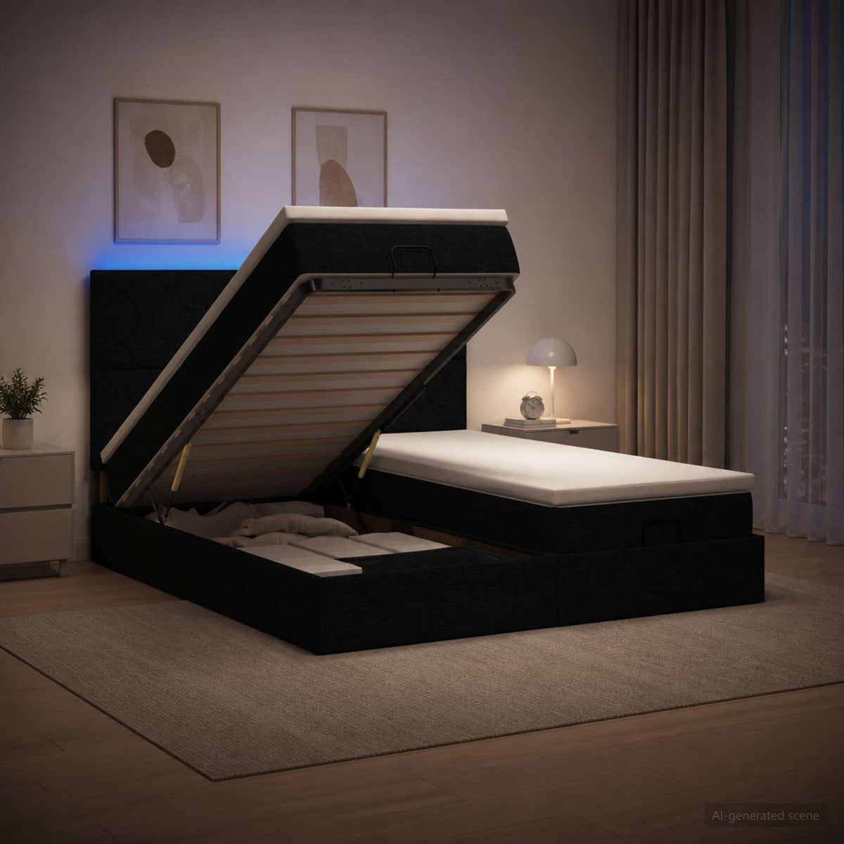 Ottoman seng med madras og LED Sort 180 x 200 cm Stof