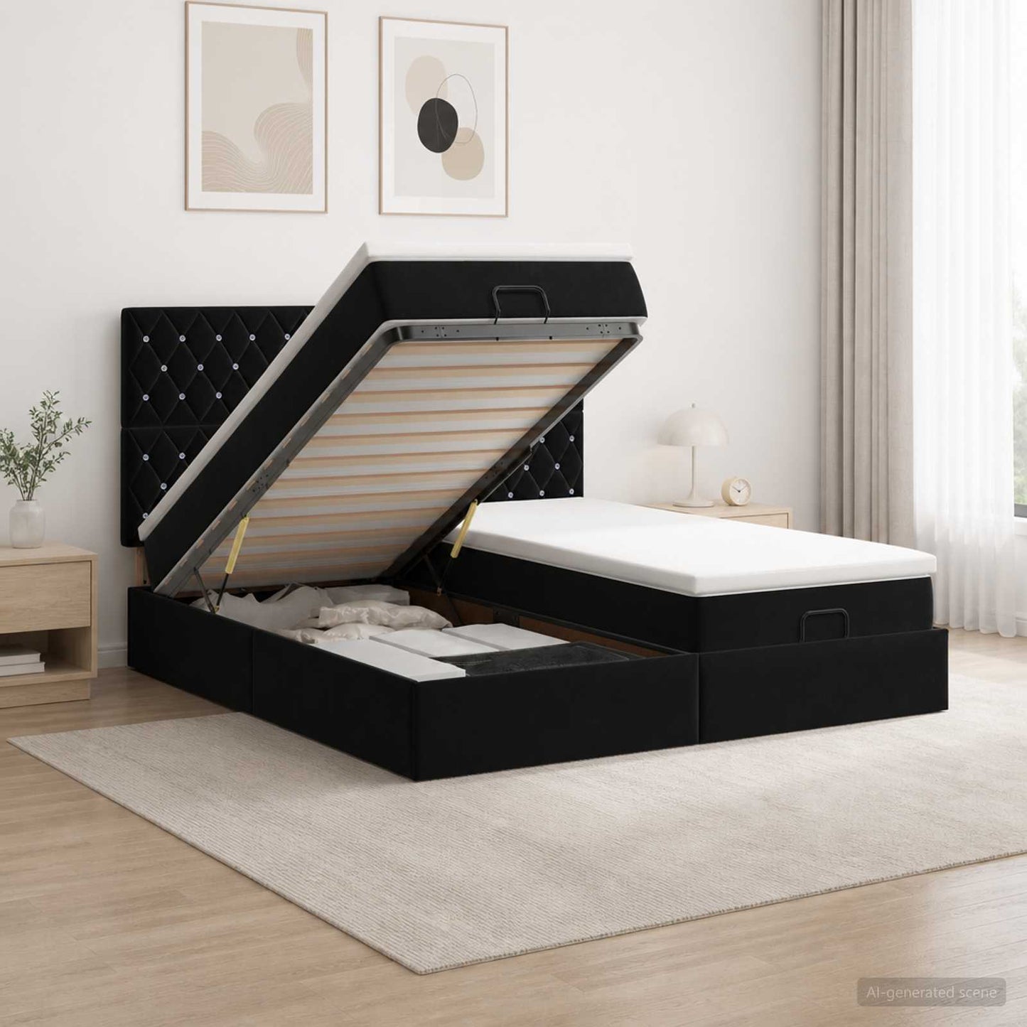 Ottoman seng med madras og LED Sort 160 x 200 cm Velour