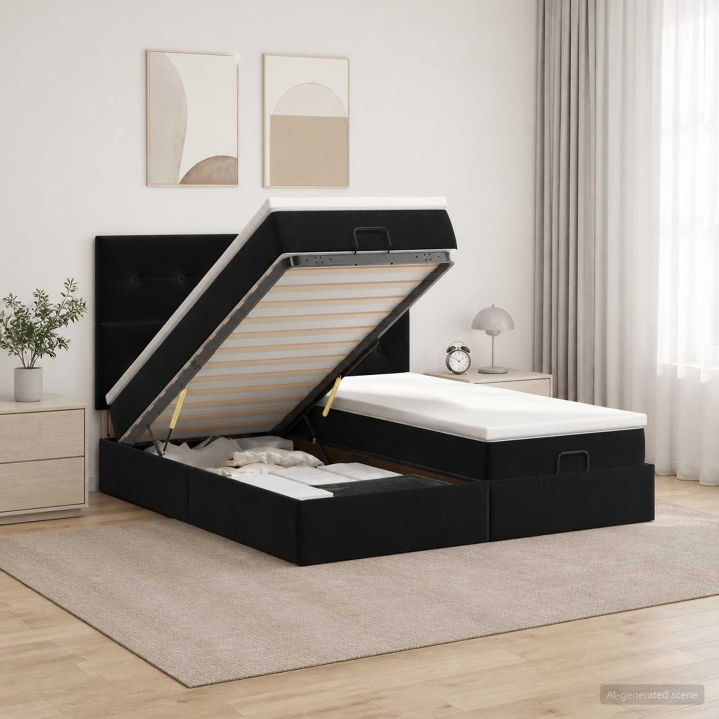 Ottoman seng med madras og LED Sort 180 x 200 cm Velour