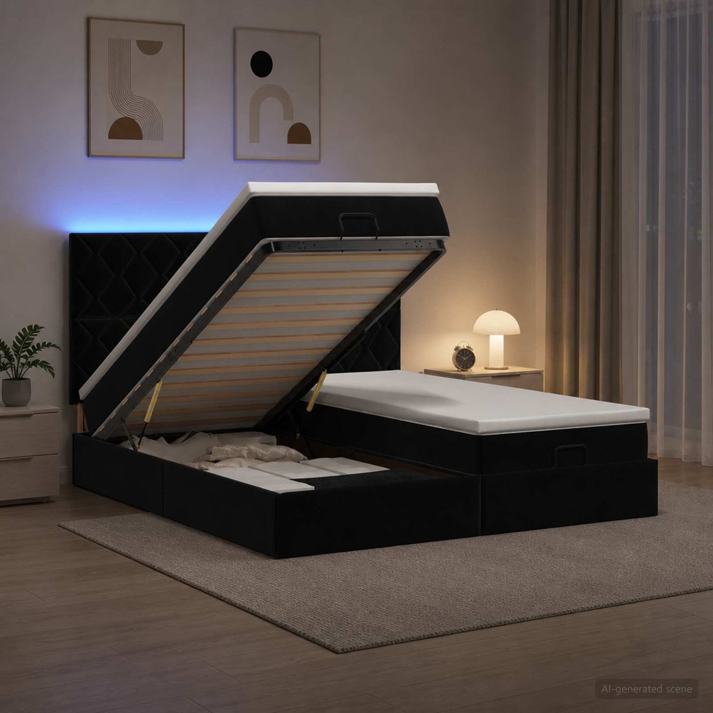 Ottoman seng med madras og LED Sort 200 x 200 cm Velour