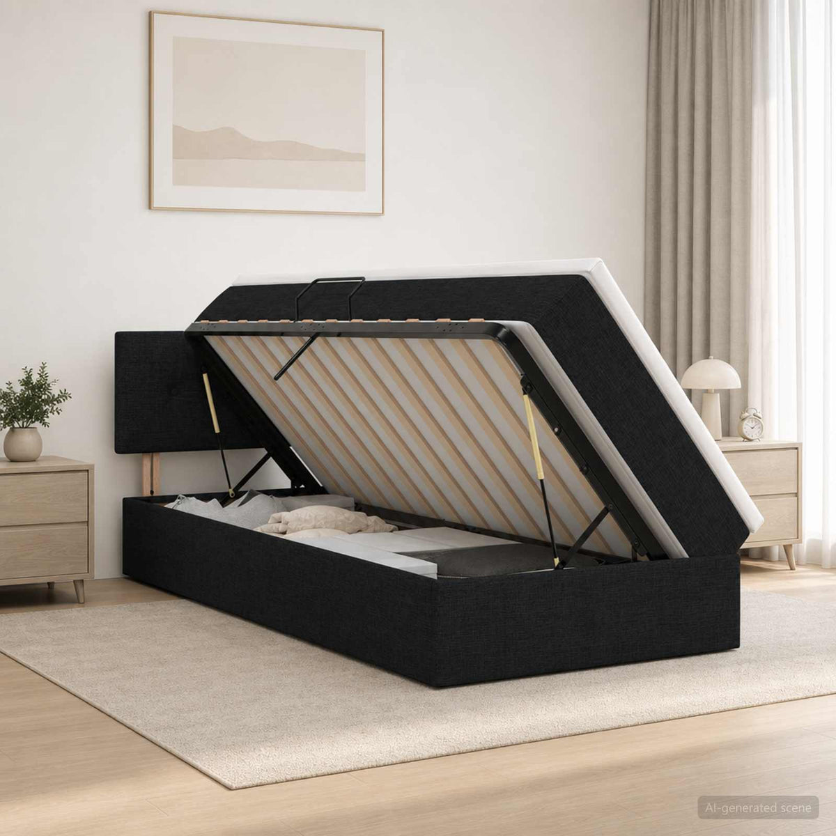 LED opbevarings seng med madras Sort 90 x 190 cm Stof