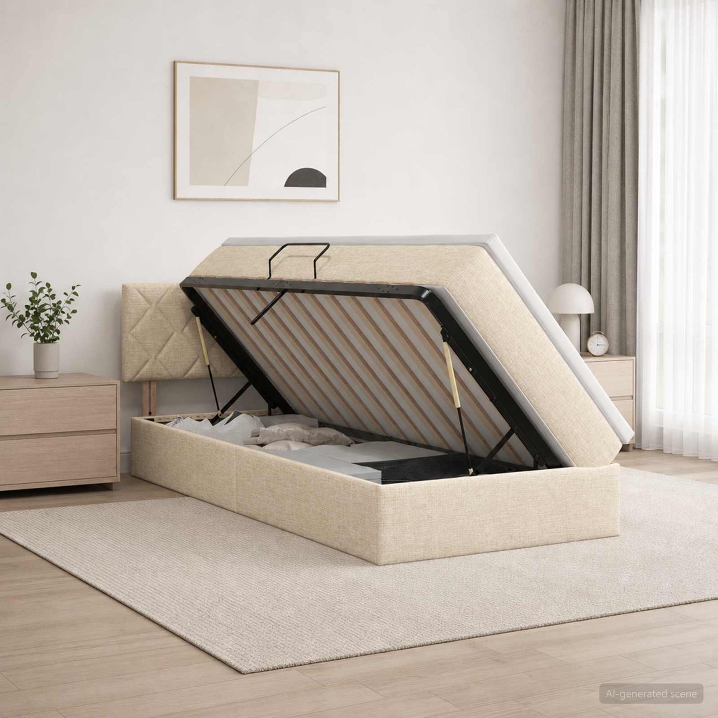 LED opbevarings seng med madras Cremefarvet 90 x 190 cm Stof