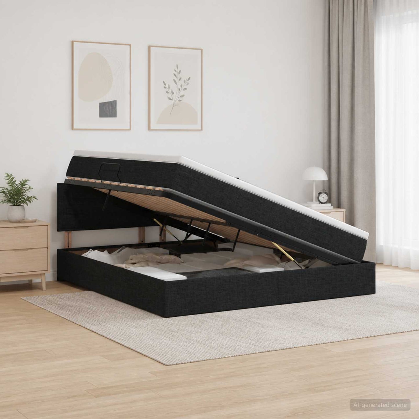 LED opbevarings seng med madras Sort 140 x 190 cm Stof