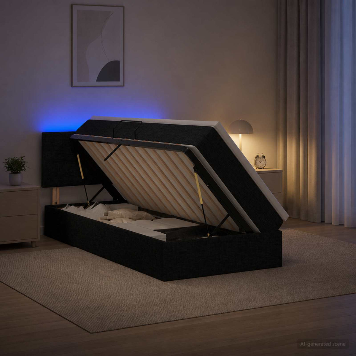 LED opbevarings seng med madras Sort 90 x 190 cm Stof