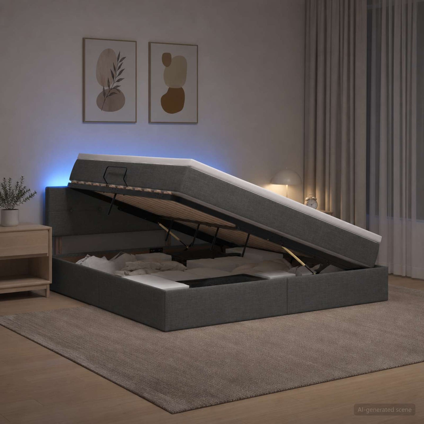 LED opbevarings seng med madras Mørkegrå 140 x 190 cm Stof