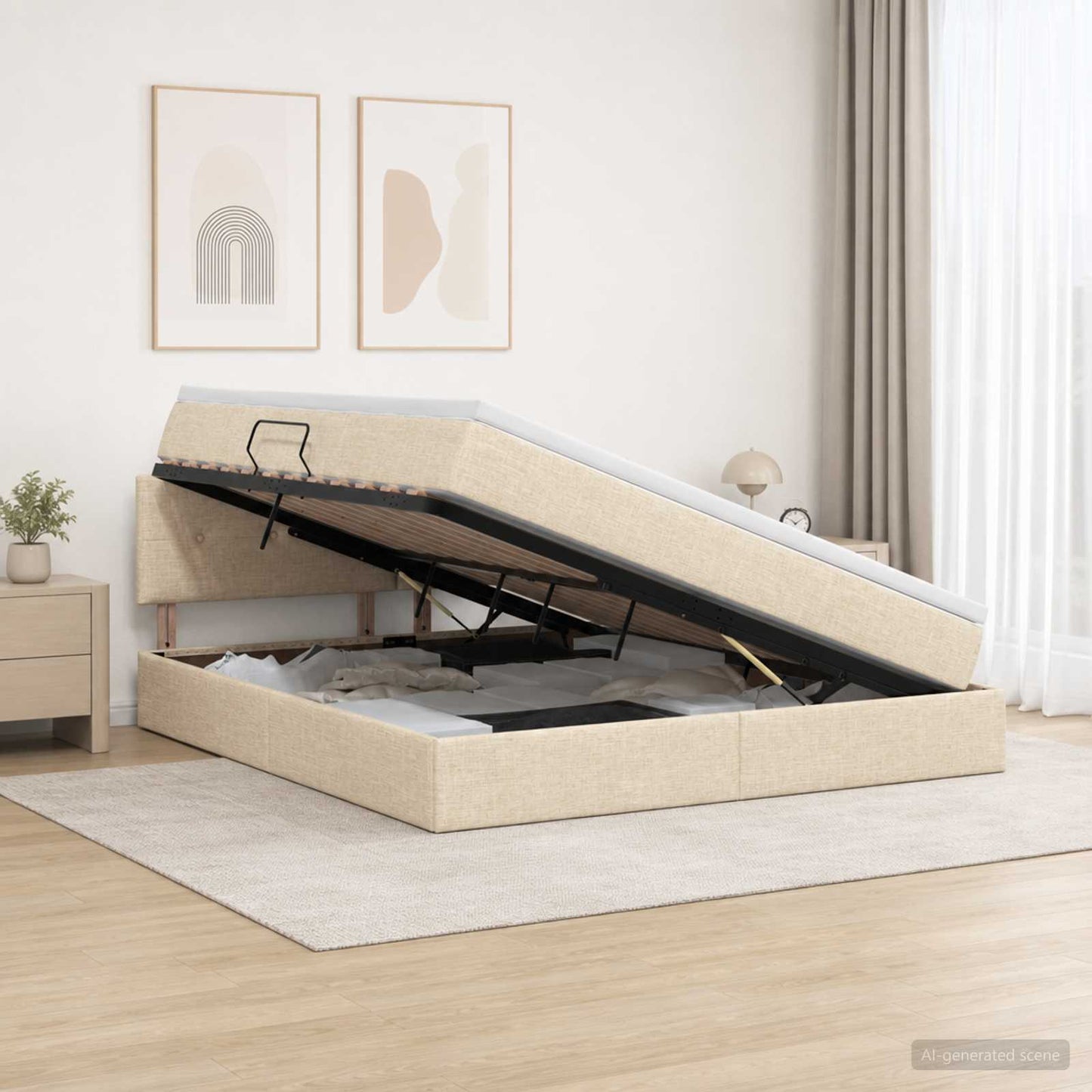 LED opbevarings seng med madras Cremefarvet 160 x 200 cm Stof
