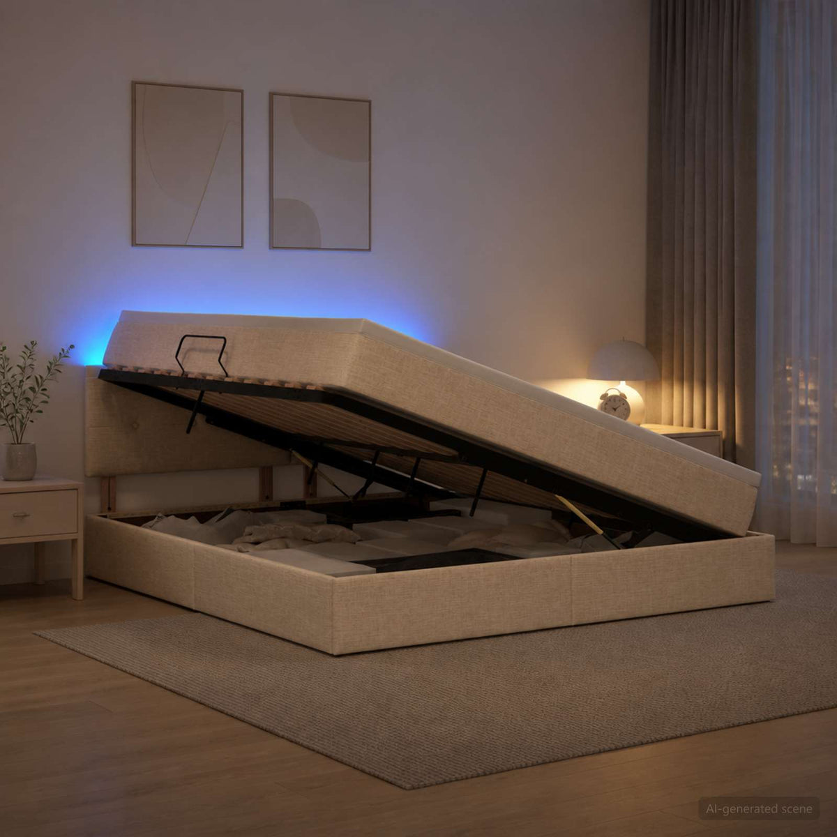 LED opbevarings seng med madras Cremefarvet 180 x 200 cm Stof