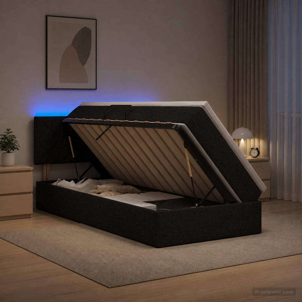 LED opbevarings seng med madras Sort 90 x 190 cm Stof