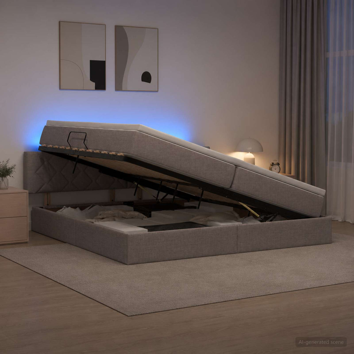 LED opbevarings seng med madras Gråbrun 200 x 200 cm Stof