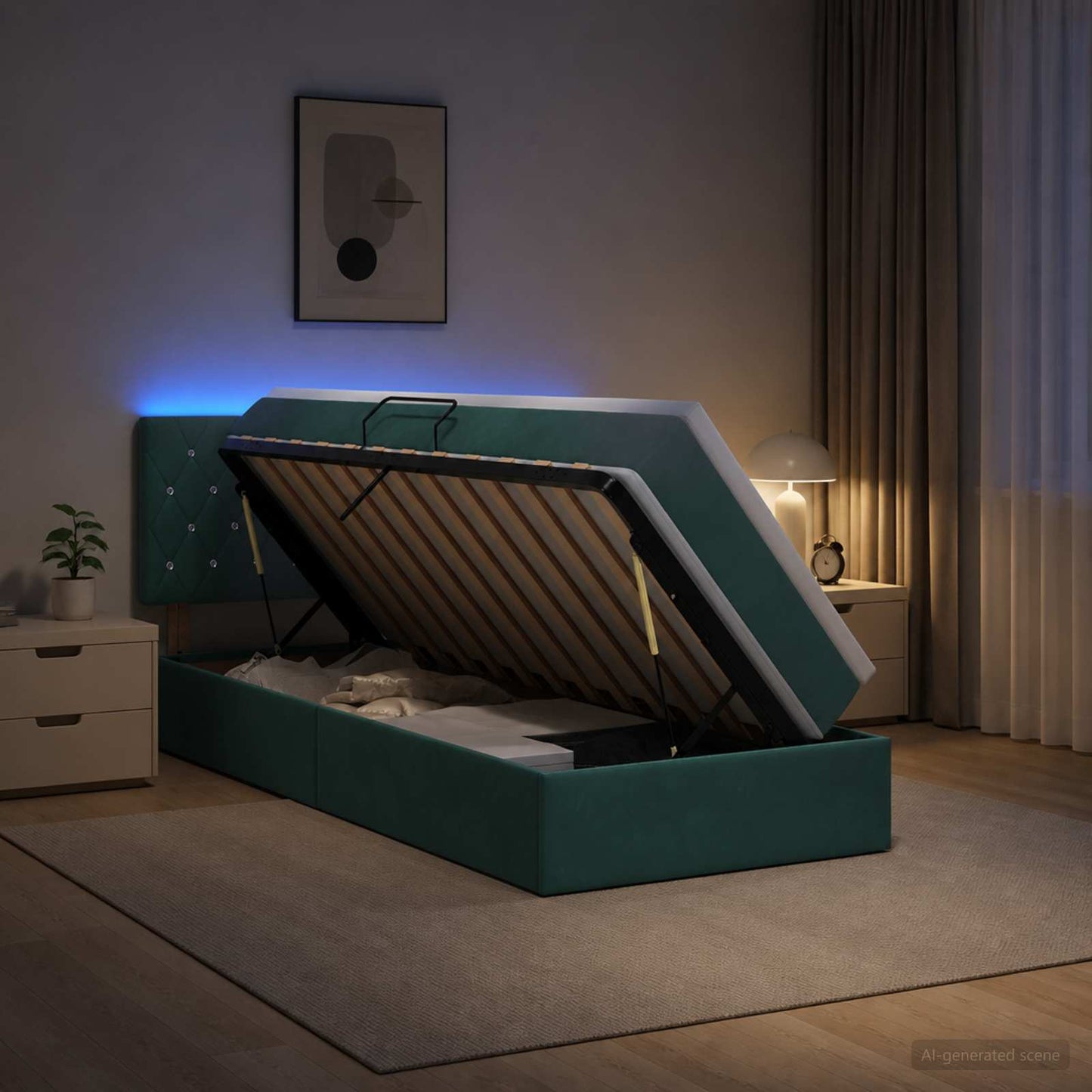 LED opbevarings seng med madras Mørkegrøn 90 x 200 cm Fløjl